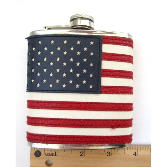 AMERICAN FLAG FLASK USA 6oz Patriotic Stainless Steel Screw Top Stitched Leather - Picture 13 of 14